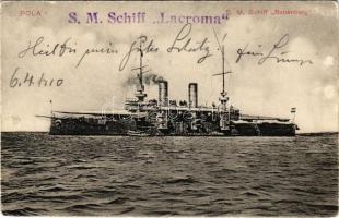 1910 Pola, Pula; SM Schiff Babenberg. K.u.K. Kriegsmarine. G. Costalunga 1909. / SMS BABENBERG az Osztrák-Magyar Haditengerészet Habsburg-osztályú pre-dreadnought csatahajója / Austro-Hungarian Navy SMS Babenberg pre-dreadnought battleship + "S.M. Schiff Lacroma" (kopott sarkak / worn corners)