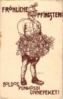 1918 Fröhliche Pfingsten! / Első világháborús boldog Pünkösdi Ünnepeket! Tábori levelezőlap, tábori postahivatal 422. / WWI Pentecost greeting military field card, Austro-Hungarian soldier with flowers, s: Kober Leo + "M.KIR. SOPRONI 18. HONVÉD GYALOGEZRED POSTA KEZELŐSÉG" (EM)