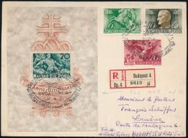 1940 Ajánlott levél Kormányzói 20 éves évforduló sorral és Árvíz blokkal Franciaországba, az Árvíz blokk első napi bélyegzéssel / Mi block 7 on FDC to France