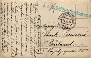 1917 Oltenita, osztrák-magyar hajóállomási katonai parancsnokság, rakparti részlet katonákkal és a D...