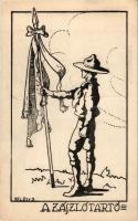 A zászlótartó. A KEG (Katolikus Egyetemi Gimnázium) cserkészcsapatok III. kiadása / Hungarian boy scout art postcard s: Velősy B.