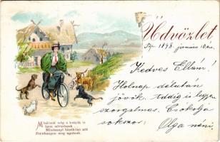 1898 (Vorläufer) "Minálunk még a kutyák is igen udvariasak... Mindannyi bicikliző nőt fennhangon megugatnak" humoros litho művészlap kerékpározó nővel / humorous litho art postcard with woman on a bicycle and barking dogs. litho (EK)