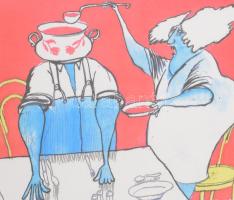 Rau Tibor (1934-2009): Vasárnapi ebéd (karikatúra). Akvarell, tus, papír, jelzett. Kissé laza paszpa...