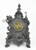 Asztali óra romantikus stílusban, nőalak, galambok, vártorony figurális díszítéssel. Ón, XIX. sz. Ingajáratos, működik, kulccsal. 29 cm /   Table clock in romantic style, female figure, pigeons, castle tower with figural decoration. Tin, 19th century. Pendulum, working, with key. 29 cm