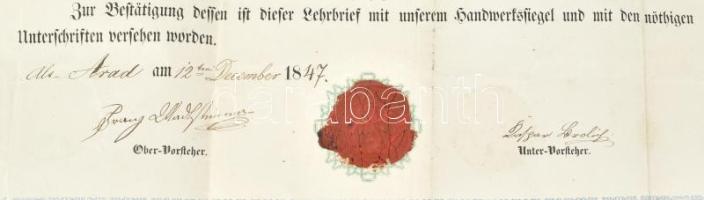 1847 Arad, Anton Wadlsteiner kádár végbizonyítványa, német nyelven, töredezett viaszpecséttel, aláír...