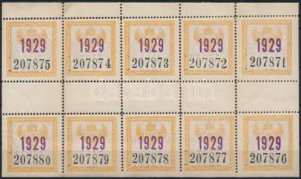 1929 MÁV éves bérletbélyeg ívközéprészes 10-es tömbben
