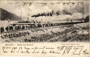 1916 Orsova, Hajózási csatorna a Vaskapunál, Vaskapu-szoros megnyitó hajózása. Ferenc József, Károly román és Sándor szerb király felavató hajóútja az új csatornán. Hutterer G. kiadása / Kanal beim Eisernen Tor, Eröffnungsfahrt / Portile de Fier / gorge, canal opening ceremony with Franz Joseph I of Austria, Carol I of Romania and Alexander I of Serbia, steamship (r)