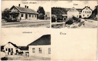 Pinkaóvár, Burg (Sámfalva, Hannersdorf); Óvár-Vashegy vasútállomás, Fő tér, műmalom. Graf Gyula kiadása / Mühle, Burg-Eisenberg Bahnhof, Hauptplatz / railway station, mill, main square (r)