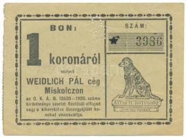Miskolc ~1920. "Weidlich Pál cég Miskolczon" 1K értékű bón "WP" perforációval, "3986" sorszámmal T:F / Hungary / Miskolc ~1920. "Weidlich Pál cég Miskolczon" voucher about 1 Korona, with "WP" perofration and "3986" serial number C:F Adamo MIS-31.3