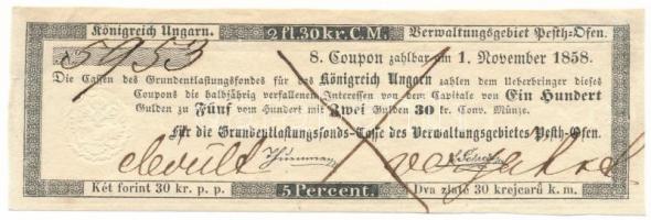 1858. Pest-Buda "A Magyar Királyság Segélyalap-Pénztára Pest-Buda közigazgatási területén" 8. szelvénye 2Ft 30kr értékben, áthúzással érvénytelenítve, "5953" sorszámmal T:XF / Hungary / Pest-Buda 1858. "Basic Relief Fund of the Hungarian Kingdom on the administrative area of Pest-Buda" 8th coupon about 2 Florin 30 Kreuzer, voided by strikethrough, with "5953" serial number C:XF