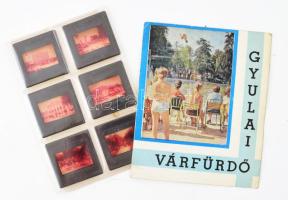 cca 1970 Gyulai várfürdő prospektus, és 6 db dia Gyuláról eredeti tokban