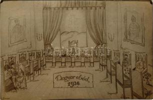 Magyar ebéd 1938. Az asztalfőn a magyar királynő (Hungária) mint jelkép, körülötte a visszatért felvidéki és kárpátaljai városok képviselői ülnek, az üres székek a többi elcsatolt terület, főleg Erdély városai részére vannak fenntartva (ahová később érkeztek meg a magyar csapatok) / Hungarian irredenta propaganda art postcard. "Hungarian Lunch in 1938" Hungaria (the Hungarian Queen as a symbol) sits at the head of the table, around her the seated representatives of the returned cities of Upper Hungary and Transcarpathia, the empty chairs are reserved for the cities of the other annexed territories, mainly Transylvania (where the Hungarian troops arrived later) photo