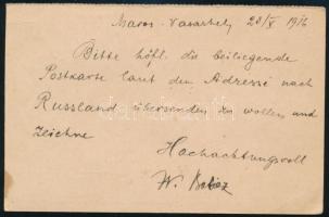 1916 Díjkiegészített díjjegyes levelezőlap "INTERNÁLT TÁBORI GAZDASÁGI HIVATALA" bélyegzés...