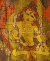 Keleti kézzel festett buddhista falikép, sérüléssel, 79x43 cm