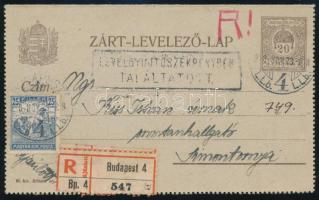 1913 Ajánlott zárt levelezőlap / Registered PS-card "LEVÉLSZEKRÉNYBEN TALÁLTATOTT"