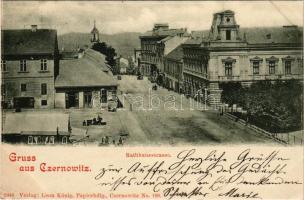 1899 (Vorläufer) Chernivtsi, Czernowitz, Cernauti, Csernyivci (Bukovina, Bucovina, Bukowina); Rathausstrasse / street view, market, restaurant, shops. Verlag Leon König (EK)