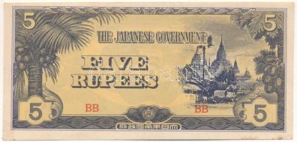 Mianmar / Japán megszállás DN (1942-1944) 5R "BB" T:AU,XF Myanmar / Japanese Occupation ND (1942-1944) 5 Rupees "BB" C:AU,XF Krause P#15b