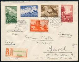 1942 Repülő alap III. sor ajánlott levélen / Mi 687-690 on registered cover "SZOMBATHELY" - Basel