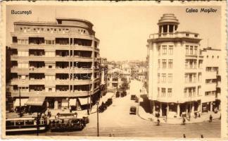 Bucharest, Bukarest, Bucuresti, Bucuresci; Calea Mosilor / street, tram, automobiles, shops (creases)