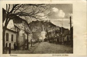 1922 Barcarozsnyó, Rozsnyó, Rasnov, Rosenau; Kirchengasse und Burg / Templom utca és vár, üzletek. Gust testvérek kiadása / Church Street, castle, shops (fl)