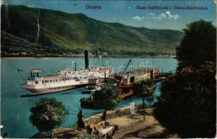 1917 Orsova, Dunai hajóállomás, DDSG uszály, gőzhajó. Mihaloviczky kiadása / Donau-Schiffstation / ship station, barge, steamship (gyűrődések / creases)