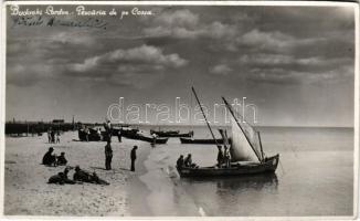 1936 Kurortne, Budachi-Cordon, Dacia; Pescaria de pe Cossa / fishery, fishing boats and fishermen. Foto M. Vesa photo (cut)