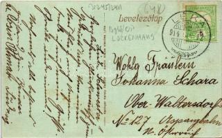 1914 Léka, Lockenhaus; Fő tér, Római katolikus templom, Vár út kereszttel, utca részlet, üzlet. Kari...