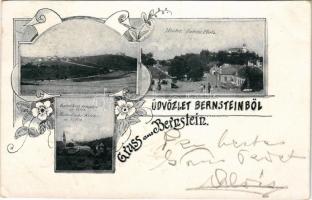 Borostyánkő, Bernstein; Alsó tér, vár, Katolikus templom és villa / Unterer Platz, Katholische Kirhce u. Villa / square, castle, Catholic church and villa. Art Nouveau, floral (EB)