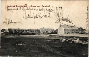 1907 Pándorfalu, Parndorf; Gróf Harrach-féle uradalmi főintézőség. Ifj. Woynesich Jakab kiadása / Gräfl. Harrachsche ökonom. Oberverwaltung / Count's Manor Office (szakadás / tear)