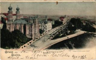 1899 (Vorläufer) Bielsko-Biala, Bielitz; Tunnelstraße / zsinagóga / street, synagogue. Verlag v. Heinrich Jenkner (fa)