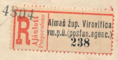 1912 Tengeri posta ajánlott levél az USA-ba "ALMAS ZUP. VIROVITICA" kétnyelvű postaügynöks...