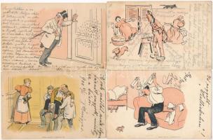 4 db RÉGI (1905 előtti) litho művészlap: részeg humor. Szénásy kiadása / 4 pre-1905 art postcards: drunken humour. litho
