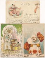 3 db RÉGI (1905 előtti) litho művészlap: bohóc, közte 1 dombornyomott / 3 pre-1905 art postcards: clown, with 1 Emb. litho