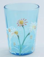 Szecessziós díszpohár. Enyhén bordázott üveg, zománcfestett mintával, m: 10 cm