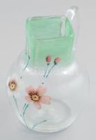 Szecessziós üvegkancsó. cca 20. sz. eleje, magyar, zománcfestett, m: 12,5 cm