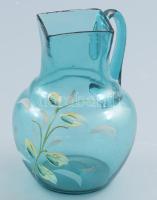 Szecessziós üvegkancsó. cca 20. sz. eleje, magyar, zománcfestett, anyagában színezett, m: 12,5 cm