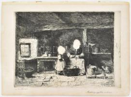 Munkácsy Mihály (1844-1900): Konyhában, rézkarc, papír, jelzett a karcon, 20×26 cm