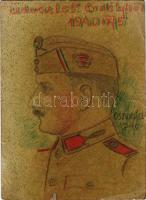 1940 Üdvözlet Erdélyből! Egyedi, kézzel rajzolt második világháborús katonai művészlap, tábori postai levelezőlap / Greetings from Transylvania! WWII Hungarian military filed postcard, with hand drawing s: Oszwald (gyűrődések / creases)