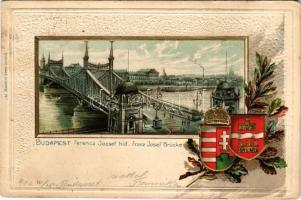 1902 Budapest, Ferenc József híd. Szecessziós, magyar címeres dombornyomott litho keret / Art Nouvea...