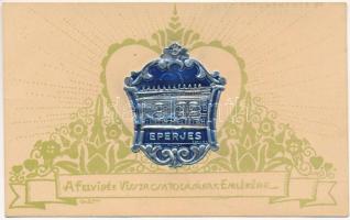 Eperjes, Presov; A Felvidék visszacsatolásának emlékére. Irredenta művészlap. Szeiler féle Patent dombornyomott fémplaketten, A Felvidéki Egyetemi és Főiskolai Hallgatók Egyesülete kiadása / "In Remembrance of the Liberation of Northern Hungary" entry of the Hungarian troops, Hungarian irredenta propaganda. Emb. Art Nouveau s: Gát (gyűrődés / crease)