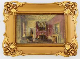 Jelzés nélkül: Kastély enteriőrje festményekkel. Vegyes technika, selyem. Dekoratív, üvegezett fakeretben. 9,5x14 cm