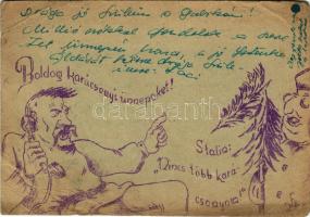 1942 Boldog Karácsonyi Ünnepeket! Sztálin: "Nincs több karácsonyom!" Második világháborús tábori postai levelezőlap / Christmas greetings, WWII Hungarian military field postcard, Stalin + "Tábori Postahivatal 29." (EB)