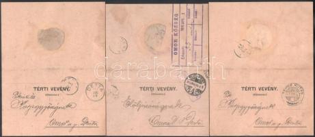 1910-1911 3 db tértivevény "DETTA", "BUDAPEST", "TEMES KUTAS"