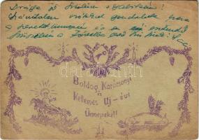 Boldog Karácsonyi és Kellemes Újévi Ünnepeket! Kézzel rajzolt Tábori Postai Levelezőlap / WWII Hungarian military hand-drawn art postcard, Christmas and New Year greetings, angel, pig + "Tábori postahivatal 29" (gyűrődések / creases)