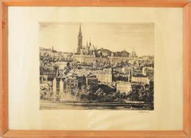 Paulovits Pál (1892-1975): A budai Dunapart, 1966. Rézkarc, papír, jelezve jobbra lent, üvegezett fakeretben. Lapszéli néhány kevés apró folttal. 29,5×38,5 cm.