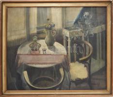 Mikes István József (1936-1983): Enteriőr. Olaj, vászon, jelzett. Hátoldalán töredékes Műcsarnok Bp. raglappal. Javított. 50×59,5 cm. Dekoratív, sérült fakeretben.