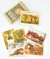 cca 1957 Állatvilág, 30 db képes kártya (6 lap hiányzik), Játékkártyagyár és Nyomda Bp., sérült kiadói papírtokban, a lapok jó állapotban, 11x8 cm