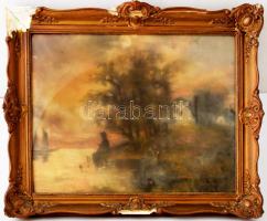 Olvashatatlan jelzéssel, XX. sz. eleje: Vízparti táj vitorlásokkal. Pasztell, papír. Hátoldalán 1930-40 körüli Árverési Csarnok raglappal. 41,5×54 cm. Dekoratív, üvegezett, kissé kopott fakeretben.