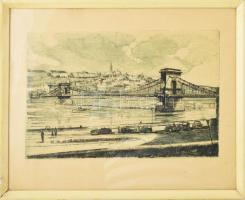 Blahos Rudolf (1917-1986): Dunapart (Budapest). Rézkarc, papír, jelzett, üvegezett fakeretben, lapszéli néhány kevés apró folttal, 27×41,5 cm