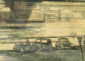 Blahos Rudolf (1917-1986): Dunapart (Budapest). Rézkarc, papír, jelzett, üvegezett fakeretben, lapsz...